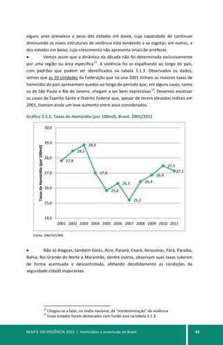 MAPA DA VIOLÊNCIA 2013 | Homicídios e Juventude no Brasil 33
alguns anos prevalece o peso dos estados em baixa, cuja capacidade de continuar
diminuindo os níveis estruturais de violência está tendendo a se esgotar; em outros, a
dos estados em baixa, cujo crescimento não apresenta sinais de arrefecer.
• Vemos assim que a dinâmica da década não foi determinada exclusivamente
por uma região ou área específica
12
. A violência foi se espalhando ao longo do país,
com padrões que podem ser identificados na tabela 3.1.3. Observados os dados,
vemos que as 10 Unidades da Federação que no ano 2001 tinham as maiores taxas de
homicídio do país apresentam quedas ao longo do período que, em alguns casos, como
os de São Paulo e Rio de Janeiro, chegam a ser bem expressivas
13
. Devemos excetuar
os casos de Espírito Santo e Distrito Federal que, apesar de terem elevados índices em
2001, tiveram ainda um leve aumento entre anos considerados.
Gráfico 3.1.1. Taxas de Homicídio (por 100mil). Brasil. 2001/2011
Fonte: SIM/SVS/MS
• Não só Alagoas, também Goiás, Acre, Paraná, Ceará, Amazonas, Pará, Paraíba,
Bahia, Rio Grande do Norte e Maranhão, dentre outros, observam suas taxas subirem
de forma acentuada e descontrolada, afetando decididamente as condições da
seguridade cidadã imperantes.
12
Chegou-se a falar, na mídia nacional, da “nordestinização” da violência.
13
Esses estados foram destacados com fundo azul na tabela 3.1.3.
27,8
28,5
28,9
27,0
25,8
26,3
25,2
26,4
26,9
27,5
27,1
24,0
25,0
26,0
27,0
28,0
29,0
30,0
2001 2002 2003 2004 2005 2006 2007 2008 2009 2010 2011
TaxasdeHomicídio(por100mil)
 