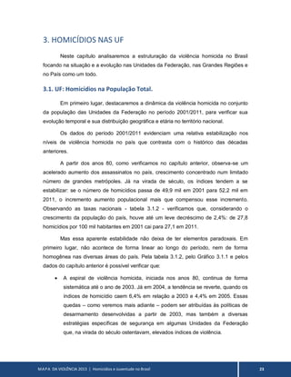 MAPA DA VIOLÊNCIA 2013 | Homicídios e Juventude no Brasil 23
3. HOMICÍDIOS NAS UF
Neste capítulo analisaremos a estruturação da violência homicida no Brasil
focando na situação e a evolução nas Unidades da Federação, nas Grandes Regiões e
no País como um todo.
3.1. UF: Homicídios na População Total.
Em primeiro lugar, destacaremos a dinâmica da violência homicida no conjunto
da população das Unidades da Federação no período 2001/2011, para verificar sua
evolução temporal e sua distribuição geográfica e etária no território nacional.
Os dados do período 2001/2011 evidenciam uma relativa estabilização nos
níveis de violência homicida no país que contrasta com o histórico das décadas
anteriores.
A partir dos anos 80, como verificamos no capítulo anterior, observa-se um
acelerado aumento dos assassinatos no país, crescimento concentrado num limitado
número de grandes metrópoles. Já na virada de século, os índices tendem a se
estabilizar: se o número de homicídios passa de 49,9 mil em 2001 para 52,2 mil em
2011, o incremento aumento populacional mais que compensou esse incremento.
Observando as taxas nacionais - tabela 3.1.2 - verificamos que, considerando o
crescimento da população do país, houve até um leve decréscimo de 2,4%: de 27,8
homicídios por 100 mil habitantes em 2001 cai para 27,1 em 2011.
Mas essa aparente estabilidade não deixa de ter elementos paradoxais. Em
primeiro lugar, não acontece de forma linear ao longo do período, nem de forma
homogênea nas diversas áreas do país. Pela tabela 3.1.2, pelo Gráfico 3.1.1 e pelos
dados do capítulo anterior é possível verificar que:
 A espiral de violência homicida, iniciada nos anos 80, continua de forma
sistemática até o ano de 2003. Já em 2004, a tendência se reverte, quando os
índices de homicídio caem 6,4% em relação a 2003 e 4,4% em 2005. Essas
quedas – como veremos mais adiante – podem ser atribuídas às políticas de
desarmamento desenvolvidas a partir de 2003, mas também a diversas
estratégias específicas de segurança em algumas Unidades da Federação
que, na virada do século ostentavam, elevados índices de violência.
 