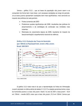 MAPA DA VIOLÊNCIA 2013 | Homicídios e Juventude no Brasil 38
Vemos – gráfico 3.2.2. - que as taxas da população não jovem caem e se
comportam de forma bem mais linear, com escassas oscilações ao longo do período.
Já as taxas juvenis apresentam oscilações bem mais significativas, mais sensíveis ao
impacto das políticas de cada período:
 Fortes aumentos até 2003
 Posteriores quedas significativas até 2006, resultantes das políticas do
desarmamento e de estratégias de contenção nas Unidades mais
violentas.
 Retomada do crescimento depois de 2006, resultante do impacto da
desconcentração e espalhamento nacional da violência.
Gráfico 3.2.2. Evolução das Taxas de Homicídio
(por 100mil) na PopulaçãoTotal, Jovem e Não Jovem.
Brasil. 2001/2011
Fonte: SIM/SVS/MS
O gráfico 3.2.3 nada mais é do que a representação do Índice de Vitimização
Juvenil calculado na última alinha da tabela 3.1.2.2. É a relação percentual entre a taxa
de homicídios jovens e a taxa não jovem. Assim, no ano de 2001 a taxa jovem – 52,4
em 100mil – resulta 242% maior que a taxa não jovem: 21,6 em 100mil. Vemos que
27,8 28,5 28,9
27,0 25,8 26,3 25,2 26,4 26,9 27,5 27,1
52,4
54,8 55,5
51,7
48,6 48,1
49,5
52,9 54,0 54,7
53,4
21,6 21,8 22,2
20,8 20,1 20,8 19,6 20,5 20,9 21,5 21,4
15
20
25
30
35
40
45
50
55
60
20012002200320042005200620072008200920102011
TaxasdeHomicídio(por100mil)
Total
Jovem
Não Jovem
 