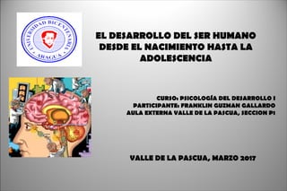 EL DESARROLLO DEL SER HUMANO
DESDE EL NACIMIENTO HASTA LA
ADOLESCENCIA
CURSO: PSICOLOGÍA DEL DESARROLLO I
PARTICIPANTE: FRANKLIN GUZMAN GALLARDO
AULA EXTERNA VALLE DE LA PASCUA, SECCION P1
VALLE DE LA PASCUA, MARZO 2017
 