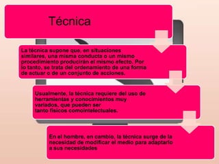 Técnica

La técnica supone que, en situaciones
similares, una misma conducta o un mismo
procedimiento producirán el mismo efecto. Por
lo tanto, se trata del ordenamiento de una forma
de actuar o de un conjunto de acciones.


     Usualmente, la técnica requiere del uso de
     herramientas y conocimientos muy
     variados, que pueden ser
     tanto físicos comointelectuales.



          En el hombre, en cambio, la técnica surge de la
          necesidad de modificar el medio para adaptarlo
          a sus necesidades
 
