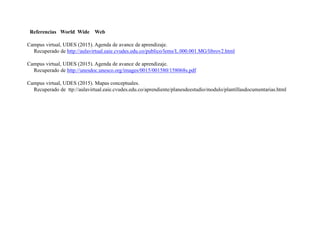 Referencias World Wide Web
Campus virtual, UDES (2015). Agenda de avance de aprendizaje.
Recuperado de http://aulavirtual.eaie.cvudes.edu.co/publico/lems/L.000.001.MG/librov2.html
Campus virtual, UDES (2015). Agenda de avance de aprendizaje.
Recuperado de http://unesdoc.unesco.org/images/0015/001580/158068s.pdf
Campus virtual, UDES (2015). Mapas conceptuales.
Recuperado de ttp://aulavirtual.eaie.cvudes.edu.co/aprendiente/planesdeestudio/modulo/plantillasdocumentarias.html