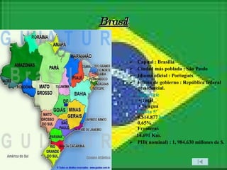 Brasil Capital : Brasilia Ciudad más poblada : S ão Paulo Idioma oficial :  Portugués Forma de gobierno : República federal presidencial. Superficie  • Total  • % agua Puesto 5º 8.514.877  km² 0,65% Fronteras 14.691 Km. PIB( nominal) : 1, 984.630 millones de  $. 