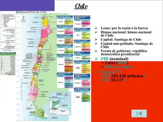 Chile Lema: por la razón o la fuerza Himno nacional: himno nacional de Chile Capital: Santiago de Chile Ciudad más poblada: Santiago de Chile Forma de gobierno: república democrática presidencial PIB  (nominal)  • Total ( 2008 )  •  PIB per cápita Puesto 47º USD  169.458 millones 2 USD  10.117 2 