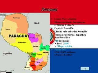 Paraguay Lema: Paz y Justicia Himno nacional: Paraguayos, república o muerte Capital: Asunción Ciudad más poblada: Asunción Forma de gobierno: república presidentalista PIB  (nominal)  • Total ( 2009 )  •  PIB per cápita Puesto 105º US$ 12.825 millones US$ 2.118 (2007) 