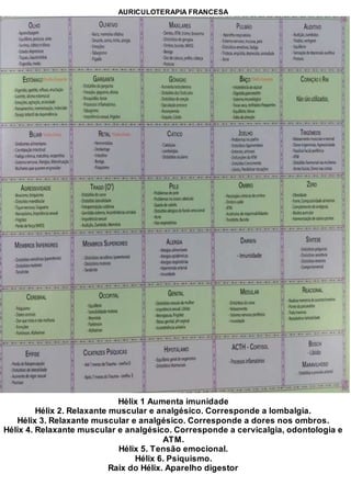 AURICULOTERAPIA FRANCESA
Hélix 1 Aumenta imunidade
Hélix 2. Relaxante muscular e analgésico. Corresponde a lombalgia.
Hélix 3. Relaxante muscular e analgésico. Corresponde a dores nos ombros.
Hélix 4. Relaxante muscular e analgésico. Corresponde a cervicalgia, odontologia e
ATM.
Hélix 5. Tensão emocional.
Hélix 6. Psiquismo.
Raix do Hélix. Aparelho digestor
 