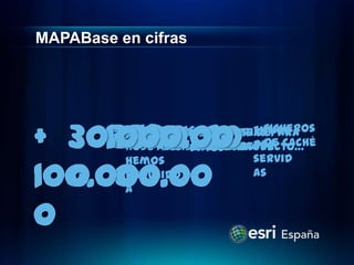 MAPABase en cifras




+ 30.000.00
    1040 70
     336
     2.00
       190        Gigabytes
                     Capas de deFicheros
          …queMapasGigabytes Entida
                Horas necesarias para
          nosotros datosGDB des caché
              cacheadoselraster
                replicar        de
                  en cada proyecto…
                      datos
                              servid
          hemos
100.000.00
  0 0     reducido
          a
                              as



0
 