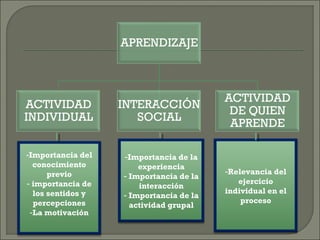 -Importancia del
conocimiento
previo
- importancia de
los sentidos y
percepciones
-La motivación
-Importancia de la
experiencia
- Importancia de la
interacción
- Importancia de la
actividad grupal
-Relevancia del
ejercicio
individual en el
proceso
 