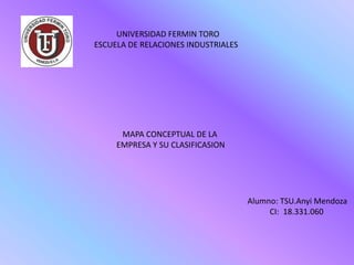 UNIVERSIDAD FERMIN TORO
ESCUELA DE RELACIONES INDUSTRIALES




      MAPA CONCEPTUAL DE LA
     EMPRESA Y SU CLASIFICASION




                                     Alumno: TSU.Anyi Mendoza
                                          CI: 18.331.060
 