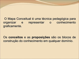 O Mapa Conceitual é uma técnica pedagógica para organizar e representar o conhecimento graficamente. Os  conceitos  e as  proposições  são os blocos de construção do conhecimento em qualquer domínio. 