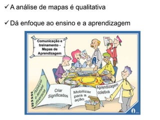 A análise de mapas é qualitativa
Dá enfoque ao ensino e a aprendizagem
 