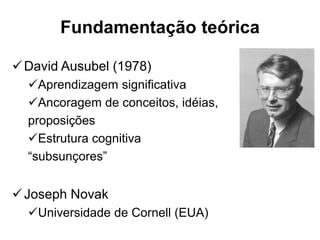 Fundamentação teórica
David Ausubel (1978)
Aprendizagem significativa
Ancoragem de conceitos, idéias,
proposições
Estrutura cognitiva
“subsunçores”
Joseph Novak
Universidade de Cornell (EUA)
 