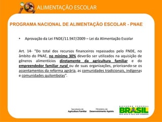 PROGRAMA NACIONAL DE ALIMENTAÇÃO ESCOLAR -PNAE 
•Aprovaçãoda LeiFNDE/11.947/2009 –Leida AlimentaçãoEscolarArt.14-“DototaldosrecursosfinanceirosrepassadospeloFNDE,noâmbitodoPNAE,nomínimo30%deverãoserutilizadosnaaquisiçãodegênerosalimentíciosdiretamentedaagriculturafamiliaredoempreendedorfamiliarruraloudesuasorganizações,priorizando-seosassentamentosdareformaagrária,ascomunidadestradicionais,indígenasecomunidadesquilombolas”.  