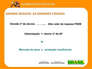 GRANDE DESAFIO: AS GRANDES CIDADES 
Grande nº de alunos 
Alto valor de repasse FNDE 
Urbanização = menor nº de AF 
Mercado de peso e produção insuficiente =  