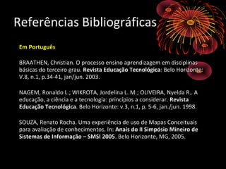 Em PortuguêsEm Português
BRAATHEN, Christian. O processo ensino aprendizagem em disciplinasBRAATHEN, Christian. O processo ensino aprendizagem em disciplinas
básicas do terceiro grau.básicas do terceiro grau. Revista Educação TecnológicaRevista Educação Tecnológica: Belo Horizonte:: Belo Horizonte:
V.8, n.1, p.34-41, jan/jun. 2003.V.8, n.1, p.34-41, jan/jun. 2003.
NAGEM, Ronaldo L.; WIKROTA, Jordelina L. M.; OLIVEIRA, Nyelda R.. ANAGEM, Ronaldo L.; WIKROTA, Jordelina L. M.; OLIVEIRA, Nyelda R.. A
educação, a ciência e a tecnologia: princípios a considerar.educação, a ciência e a tecnologia: princípios a considerar. RevistaRevista
Educação TecnológicaEducação Tecnológica. Belo Horizonte: v.3, n.1, p. 5-6, jan./jun. 1998.. Belo Horizonte: v.3, n.1, p. 5-6, jan./jun. 1998.
SOUZA, Renato Rocha. Uma experiência de uso de Mapas ConceituaisSOUZA, Renato Rocha. Uma experiência de uso de Mapas Conceituais
para avaliação de conhecimentos. In:para avaliação de conhecimentos. In: Anais do II Simpósio Mineiro deAnais do II Simpósio Mineiro de
Sistemas de Informação – SMSI 2005Sistemas de Informação – SMSI 2005. Belo Horizonte, MG, 2005.. Belo Horizonte, MG, 2005.
Referências BibliográficasReferências Bibliográficas
 