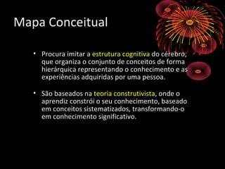 Mapa ConceitualMapa Conceitual
• Procura imitar aProcura imitar a estruturaestrutura cognitivacognitiva do cérebro,do cérebro,
que organiza o conjunto de conceitos de formaque organiza o conjunto de conceitos de forma
hierárquica representando o conhecimento e ashierárquica representando o conhecimento e as
experiências adquiridas por uma pessoa.experiências adquiridas por uma pessoa.
• São baseados naSão baseados na teoria construtivistateoria construtivista, onde o, onde o
aprendiz constrói o seu conhecimento, baseadoaprendiz constrói o seu conhecimento, baseado
em conceitos sistematizados, transformando-oem conceitos sistematizados, transformando-o
em conhecimento significativo.em conhecimento significativo.
 