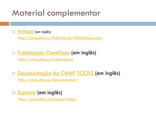 Material complementar
 Artigos (em inglês)
http://cmap.ihmc.us/Publications/WhitePapers.php
 Publicações Científicas (em inglês)
http://cmap.ihmc.us/Publications/
 Documentação do CMAP TOOLS (em inglês)
http://cmap.ihmc.us/Documentation/
 Suporte (em inglês)
http://cmap.ihmc.us/Support/Help/
 