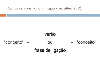 Como se constrói um mapa conceitual? (2)
"conceito" –
verbo
ou
frase de ligação
– "conceito"
 
