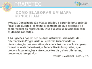 PRAPETEC 
COMO ELABORAR UM MAPA 
CONCEITUAL: 
Mapas Conceituais são mapas criados a partir de uma questão 
focal: esta questão constitui o contexto do que pretende-se 
compreender ou representar. Essa questão se relacionam com 
os demais conceitos. 
As ligações podem ser de duas naturezas: chamadas de 
Diferenciação Progressista ou verticais (relacionadas à 
hierarquização dos conceitos, de conceitos mais inclusivo para 
conceitos mais inclusivos), e Reconciliação Integrativa, que 
procura fazer relações entre conceitos de galhos diferentes, 
procurando integrá-los. 
(TORRES e MARRIOTT , 2005, p. 17) 
 