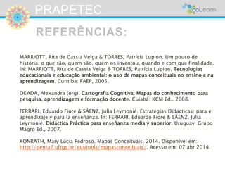PRAPETEC 
REFERÊNCIAS: 
MARRIOTT, Rita de Cassia Veiga & TORRES, Patrícia Lupion. Um pouco de 
história: o que são, quem são, quem os inventou, quando e com que finalidade. 
IN: MARRIOTT, Rita de Cassia Veiga & TORRES, Patrícia Lupion. Tecnologias 
educacionais e educação ambiental: o uso de mapas conceituais no ensino e na 
aprendizagem. Curitiba: FAEP, 2005. 
OKADA, Alexandra (org). Cartografia Cognitiva: Mapas do conhecimento para 
pesquisa, aprendizagem e formação docente. Cuiabá: KCM Ed., 2008. 
FERRARI, Eduardo Fiore & SÁENZ, Julia Leymonié. Estratégias Didacticas: para el 
aprendizaje y para la enseñanza. In: FERRARI, Eduardo Fiore & SÁENZ, Julia 
Leymonié. Didáctica Práctica para enseñanza media y superior. Uruguay: Grupo 
Magro Ed., 2007. 
KONRATH, Mary Lúcia Pedroso. Mapas Conceituais, 2014. Disponível em: 
http://penta2.ufrgs.br/edutools/mapasconceituais/. Acesso em: 07 abr 2014. 

