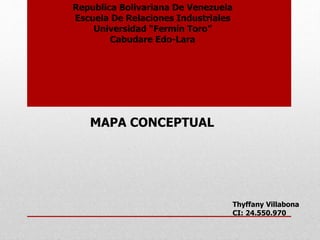 Republica Bolivariana De Venezuela
Escuela De Relaciones Industriales
Universidad “Fermín Toro”
Cabudare Edo-Lara
MAPA CONCEPTUAL
Thyffany Villabona
CI: 24.550.970
 