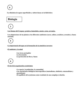 6

-La dinámica de aguas superficiales y subterráneas en la hidrósfera



 Biología

    3

-Los biomas del Uruguay: pradera, humedales, monte, costa, serranías.

 Las adaptaciones de las plantas a los diferentes ambientes (secos, salinos, acuáticos, arenales) y fauna
 asociada.

    5

-La importancia del agua en la formación de la atmósfera terrestre

-El ambiente y la salud

              -Las áreas protegidas
              -La forestación
              -La protección de flora y fauna

    6

-El nivel de organización ecosistémico

              -La especie, la poblacióm, la comunidad
              -Las asociaciones biológicas interespecíficas (mutualismo, simbiosis, comensalismo y
               parasitismo)
              -El equilibrio del ecosistema como resultado de una compleja evolución.
 