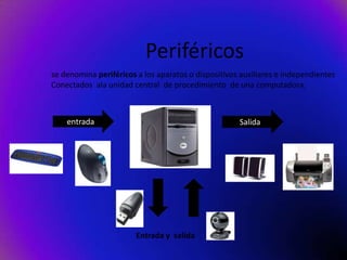 Periféricos
se denomina periféricos a los aparatos o dispositivos auxiliares e independientes
Conectados ala unidad central de procedimiento de una computadora.



    entrada                                          Salida




                        Entrada y salida
 
