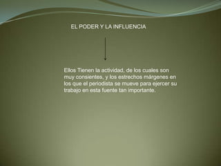 EL PODER Y LA INFLUENCIA




Ellos Tienen la actividad, de los cuales son
muy consientes, y los estrechos márgenes en
los que el periodista se mueve para ejercer su
trabajo en esta fuente tan importante.
 