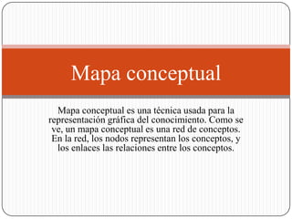 Mapa conceptual
  Mapa conceptual es una técnica usada para la
representación gráfica del conocimiento. Como se
 ve, un mapa conceptual es una red de conceptos.
 En la red, los nodos representan los conceptos, y
  los enlaces las relaciones entre los conceptos.
 