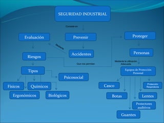 SEGURIDAD INDUSTRIAL

                                          Consiste en




          Evaluación                            Prevenir                                         Proteger
                           Me
                             dia
                                   nte


                                               Accidentes                                         Personas
           Riesgos
                                                                               Mediante la utilización
                                                    Que nos permitan                Adecuada

                                                                                         Equipos de Protección
           Tipos                                                                               Personal
                                         Psicosocial
                                                                                                            Protección
Físicos      Químicos                                                  Casco                                Respiratoria


   Ergonómicos          Biológicos                                        Botas                          Lentes
                                                                                                     Protectores
                                                                                                      auditivos

                                                                                     Guantes
 