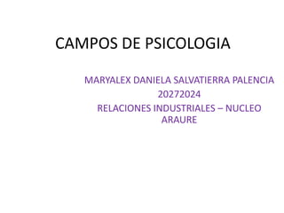CAMPOS DE PSICOLOGIA
   MARYALEX DANIELA SALVATIERRA PALENCIA
                 20272024
     RELACIONES INDUSTRIALES – NUCLEO
                  ARAURE
 