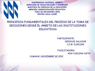 UNIVERSIDAD NACIONAL ABIERTA
           DIRECCIÓN DE INVESTIGACIÓN Y POSPGRADO
            MAESTRÍA EN CIENCIAS DE LA EDUCACIÓN
             MENCIÓN ADMINISTRACIÓN EDUCATIVA
                   TOMA DE DECISIONES (969)
                     CENTRO LOCAL SUCRE



PRINCIPIOS FUNDAMENTALES DEL PROCESO DE LA TOMA DE
  DECISIONES DESDE EL ÁMBITO DE LAS INSTITUCIONES
                    EDUCATIVAS


                                       PARTICIPANTE:
                                             DENISSE SALAZAR
                                               C.I.#: 5.695.999

                                  FACILITADORA:
                                          ANA YSOLINA SOTO
              CUMANÁ, NOVIEMBRE DE 2012
 