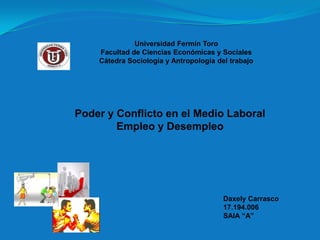 Universidad Fermín Toro
    Facultad de Ciencias Económicas y Sociales
    Cátedra Sociología y Antropología del trabajo




Poder y Conflicto en el Medio Laboral
        Empleo y Desempleo




                                        Daxely Carrasco
                                        17.194.006
                                        SAIA “A”
 