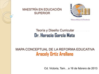 MAESTRÍA EN EDUCACIÓN
         SUPERIOR




          Teoría y Diseño Curricular




MAPA CONCEPTUAL DE LA REFORMA EDUCATIVA
          Aracely Ortiz Arellano

               Cd. Victoria, Tam. , a 16 de febrero de 2013
 