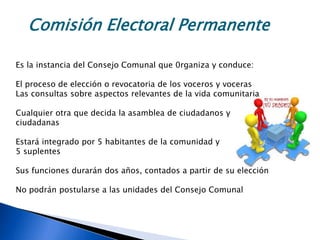 Comisión Electoral Permanente
Es la instancia del Consejo Comunal que 0rganiza y conduce:
El proceso de elección o revocatoria de los voceros y voceras
Las consultas sobre aspectos relevantes de la vida comunitaria
Cualquier otra que decida la asamblea de ciudadanos y
ciudadanas
Estará integrado por 5 habitantes de la comunidad y
5 suplentes
Sus funciones durarán dos años, contados a partir de su elección
No podrán postularse a las unidades del Consejo Comunal
 