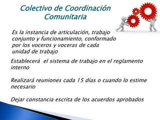 Colectivo de Coordinación
Comunitaria
Es la instancia de articulación, trabajo
conjunto y funcionamiento, conformado
por los voceros y voceras de cada
unidad de trabajo
Establecerá el sistema de trabajo en el reglamento
interno
Realizará reuniones cada 15 días o cuando lo estime
necesario
Dejar constancia escrita de los acuerdos aprobados
 