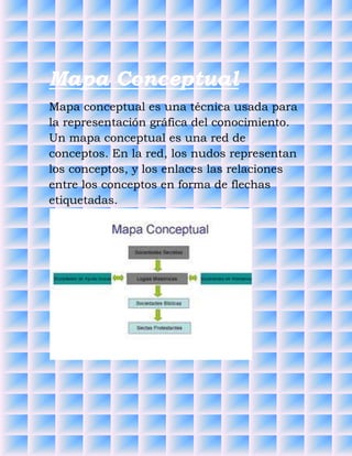 Mapa Conceptual
Mapa conceptual es una técnica usada para
la representación gráfica del conocimiento.
Un mapa conceptual es una red de
conceptos. En la red, los nudos representan
los conceptos, y los enlaces las relaciones
entre los conceptos en forma de flechas
etiquetadas.
 