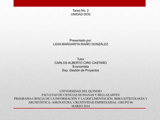 Tarea No. 2
UNIDAD DOS

Presentado por:
LIGIA MARGARITA RIAÑO GONZÁLEZ

Tutor
CARLOS ALBERTO CIRO CASTAÑO
Economista
Esp. Gestión de Proyectos

UNIVERSIDAD DEL QUINDIO
FACULTAD DE CIENCIAS HUMANAS Y BELLAS ARTES
PROGRAMA CIENCIA DE LA INFORMACIÓN Y LA DOCUMENTACIÓN, BIBLUIOTECOLOGÍA Y
ARCHIVÍSTICA- ASIGNATURA: CREATIVIDAD EMPRESARIAL- GRUPO 06
MARZO 2014

 