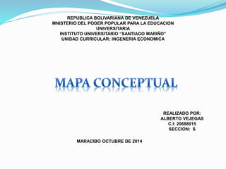 REPUBLICA BOLIVARIANA DE VENEZUELA 
MNISTERIO DEL PODER POPULAR PARA LA EDUCACION 
UNIVERSITARIA 
INSTITUTO UNIVERSITARIO “SANTIAGO MARIÑO” 
UNIDAD CURRICULAR: INGENERIA ECONOMICA 
MARACIBO OCTUBRE DE 2014 
REALIZADO POR: 
ALBERTO VEJEGAS 
C.I: 20688015 
SECCION: S 
 