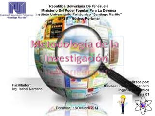 República Bolivariana De Venezuela
Ministerio Del Poder Popular Para La Defensa
Instituto Universitario Politécnico “Santiago Mariño”
IUPSM - Núcleo, Porlamar
Porlamar, 18 Octubre 2014
Facilitador:
Ing. Isabel Marcano
Realizado por:
Narváez Lizmar V-21.175.952
Ingeniería Química
Saia 01