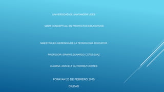 UNIVERSIDAD DE SANTANDER UDES
MAPA CONCEPTUAL EN PROYECTOS EDUCATIVOS
MAESTRIA EN GERENCIA DE LA TECNOLOGIA EDUCATIVA
PROFESOR: ERWIN LEONARDO COTES DIAZ
ALUMNA: ARACELY GUTIERREZ CORTES
POPAYAN 23 DE FEBRERO 2015
CIUDAD
 