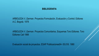 BIBLIOGRAFIA
ARBOLEDA V.,German. Proyectos Formulación, Evaluación y Control. Editores
A.C. Bogotá. 1978
ARBOLEDA V.,German. Proyectos Comunitarios, Esquemas Toro Editores. Toro
Editores Cali 1988
Evaluación social de proyectos. ESAP Publicaciones04- 05.016. 1990