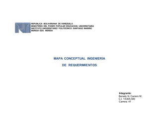 REPUBLICA BOLIVARIANA DE VENEZUELA
MINISTERIO DEL PODER POPULAR EDUCACION UNIVERSITARIA
INSTITUTO UNIVERSITARIO POLITECNICO SANTIAGO MARIÑO
MERIDA EDO. MERIDA
MAPA CONCEPTUAL INGENIERIA
DE REQUERIMIENTOS
Integrante:
Bervely N. Carrero M.
C.I. 14.805.580
Carrera: 47
 