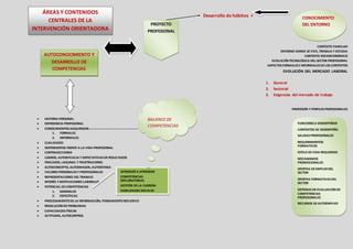 Desarrollo de hábitos +
CONTEXTO FAMILIAR
ENTORNO DONDE SEVIVE, TRABAJA Y ESTUDIA
CONTEXTO SOCIOECONÓMICO
EVOLUCIÓN TECNOLÓGICA DEL SECTOR PROFESIONAL
ASPECTOS FORMALES EINFORMALES DELOS CONTEXTOS
EVOLUCIÓN DEL MERCADO LABORAL
1. General
2. Sectorial
3. Exigencias del mercado de trabajo
PROFESIÓN Y PERFILES PROFESIONALES
 HISTORIA PERSONAL
 EXPERIENCIA PROFESIONAL
 CONOCIMIENTOS ADQUIRIDOS---------------------------------------------------
1. FORMALES
2. INFORMALES
 CUALIDADES
 SENTIMIENTOS FRENTE A LA VIDA PROFESIONAL
 CONTRADICCIONES
 LOGROS, AUTOEFICACIA Y EXPECTATIVAS DERESULTADOS
 FRACASOS, LAGUNAS Y FRUSTRACIONES
 AUTOCONCEPTO, AUTOIMAGEN, AUTOESTIMA
 VALORES PERSONALES Y PROFESIONALES
 REPRESENTACIONES DEL TRABAJO
 INTERÉS Y MOTIVACIONES LABORALES
 POTENCIAL DECOMPETENCIAS
1. GENERALES
2. ESPECÍFICAS
 PROCESAMIENTODELA INFORMACIÓN, PENSAMIENTOREFLEXIVO
 RESOLUCIÓN DEPROBLEMAS
 CAPACIDADES FÍSICAS
 ACTITUDES, AUTOCONTROL
AUTOCONOCIMIENTO Y
DESARROLLO DE
COMPETENCIAS
APRENDER A APRENDER
COMPETENCIAS
EXPLORATORIAS
GESTIÓN DELA CARRERA
HABILIDADES SOCIALES
INVERSIÓN DEENERGÍA
BALANCE DE
COMPETENCIAS
PROYECTO
PROFESIONAL
FUNCIONES A DESEMPEÑAR
CONTEXTOS DE DESEMPEÑO
SALIDAS PROFESIONALES
REQUERIMIENTOS
FORMATIVOS
ESTILO DEVIDA REQUERIDO
MECANISMOS
PROMOCIONALES
OFERTAS DEEMPLEODEL
SECTOR
OFERTAS FORMATIVAS DEL
SECTOR
SISTEMAS DEEVALUACIÓN DE
COMPETENCIAS
PROFESIONALES
RECURSOS DEAUTOEMPLEO
ÁREAS Y CONTENIDOS
CENTRALES DE LA
INTERVENCIÓN ORIENTADORA
CONOCIMIENTO
DEL ENTORNO
 
