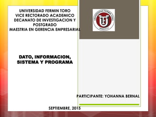 UNIVERSIDAD FERMIN TORO
VICE RECTORADO ACADEMICO
DECANATO DE INVESTIGACION Y
POSTGRADO
MAESTRIA EN GERENCIA EMPRESARIAL
DATO, INFORMACION,
SISTEMA Y PROGRAMA
PARTICIPANTE: YOHANNA BERNAL
SEPTIEMBRE, 2015
 