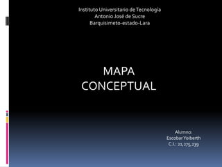 Instituto Universitario deTecnología
Antonio José de Sucre
Barquisimeto-estado-Lara
MAPA
CONCEPTUAL
Alumno:
EscobarYoiberth
C.I.: 21,275,239
 