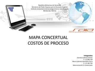 MAPA CONCERTUAL
COSTOS DE PROCESO
Integrantes
Daniela Cadenas Gómez
C.I 22.986.709
María Gabriela Avendaño Parra
C.I 21.182.765
Administración Cs Comerciales
República Bolivariana de Venezuela
Ministerio del Poder Popular para la Educación Superior
Instituto Universitario de tecnología Antonio José de Sucre
Mérida edo. Mérida
 