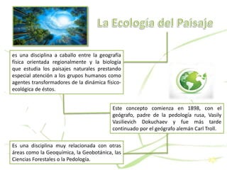es una disciplina a caballo entre la geografía
física orientada regionalmente y la biología
que estudia los paisajes naturales prestando
especial atención a los grupos humanos como
agentes transformadores de la dinámica físico-
ecológica de éstos.
Este concepto comienza en 1898, con el
geógrafo, padre de la pedología rusa, Vasily
Vasilievich Dokuchaev y fue más tarde
continuado por el geógrafo alemán Carl Troll.
Es una disciplina muy relacionada con otras
áreas como la Geoquímica, la Geobotánica, las
Ciencias Forestales o la Pedología.
 