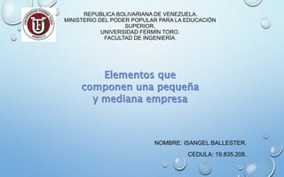 REPUBLICA BOLIVARIANA DE VENEZUELA.
MINISTERIO DEL PODER POPULAR PARA LA EDUCACIÓN
SUPERIOR.
UNIVERSIDAD FERMÍN TORO.
FACULTAD DE INGENIERÍA.
NOMBRE: ISANGEL BALLESTER.
CEDULA: 19.835.208.
 