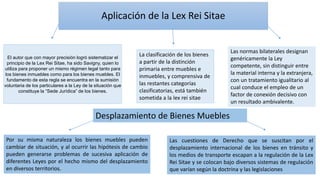 El autor que con mayor precisión logró sistematizar el
principio de la Lex Rei Sitae, ha sido Savigny, quien lo
utiliza para proponer un mismo régimen legal tanto para
los bienes inmuebles como para los bienes muebles. El
fundamento de esta regla se encuentra en la sumisión
voluntaria de los particulares a la Ley de la situación que
constituye la “Sede Jurídica” de los bienes.
La clasificación de los bienes
a partir de la distinción
primaria entre muebles e
inmuebles, y comprensiva de
las restantes categorías
clasificatorias, está también
sometida a la lex rei sitae
Las normas bilaterales designan
genéricamente la Ley
competente, sin distinguir entre
la material interna y la extranjera,
con un tratamiento igualitario al
cual conduce el empleo de un
factor de conexión decisivo con
un resultado ambivalente.
Aplicación de la Lex Rei Sitae
Por su misma naturaleza los bienes muebles pueden
cambiar de situación, y al ocurrir las hipótesis de cambio
pueden generarse problemas de sucesiva aplicación de
diferentes Leyes por el hecho mismo del desplazamiento
en diversos territorios.
Desplazamiento de Bienes Muebles
Las cuestiones de Derecho que se suscitan por el
desplazamiento internacional de los bienes en tránsito y
los medios de transporte escapan a la regulación de la Lex
Rei Sitae y se colocan bajo diversos sistemas de regulación
que varían según la doctrina y las legislaciones
 